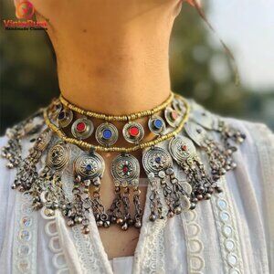 Gypsy Statement Necklace, Handmade Multi Layer Afghan Choker with Bells